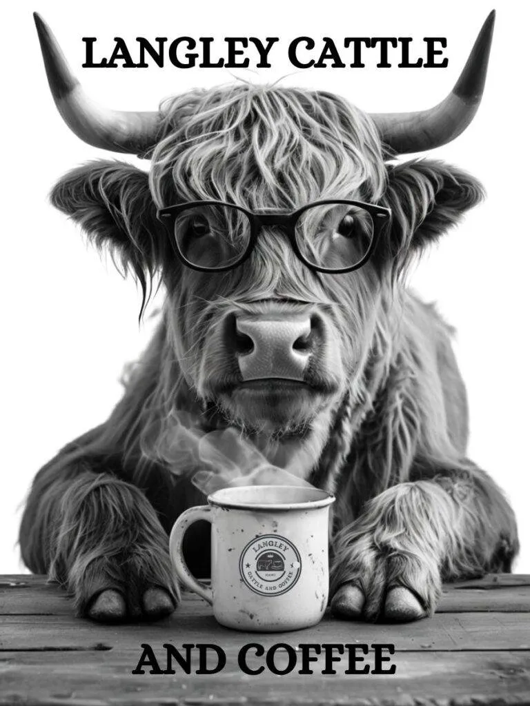 Langley Cattle and Coffee Logo featuring a cow with glasses and a mug